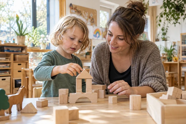 Symbolbild: Pädagogische Fachkraft begleitet ein Kind beim Bauen
