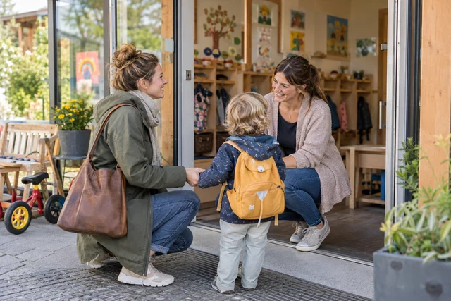 Symbolbild: Familie und Fachkraft beim Kita-Start