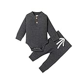 Neugeborene Unisex 2 Stück Baby Kleidung Junge Mädchen Solid Button Bodysuit Strampler Langarm Tops Kordelzug Hosen Strick Outfit (Dunkelgrau, 12-18 Monate)