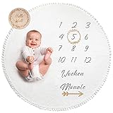 ODOXIA Baby Meilenstein Decke auf Deutsch | Runde Foto-Monatsdecke für Junge oder Mädchen, Unisex | Personalisiertes Geschenk zur Geburt für Mütter von Neugeborenen Babys | Mit Fotorahmen aus Holz