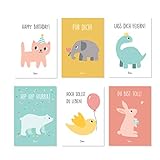 Julica Design Geburtstagskarten Set | Kinder Glückwunschkarten | 6 Postkarten | Tierpostkarten