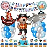 Piraten Meerestiere Geburtstagsdeko Set, Piratenschiff Hai Folienballon, Geburtstag Banner, Runde Tier Ballon, Blau Silber Luftballon Tortenaufsatz, für Kinder Party Geburtstag Deko