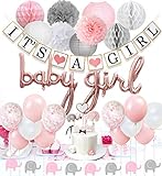 JOYMEMO Babyparty-Dekorationen für Mädchen, Rosa und Weiß, Baby-Luftballons, Elefantengirlande, Konfetti-Luftballons, Elefanten-Kuchenaufsatz für Babyparty-Zubehör