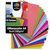 OfficeTree 35 x Glitzerpapier zum Basteln A4-15 Farben 250g/m² - Glitzer Papier A4 Bunt - Glitzer Bastelpapier - Glitzer Karton zum Basteln und Gestalten