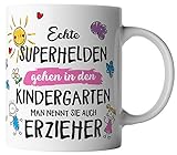 vanVerden Tasse - Echte Superhelden gehen in den Kindergarten man nennt sie auch Erzieher - beidseitig Bedruckt - Geschenk Idee Kaffeetasse mit Spruch, Tassenfarbe:Pink