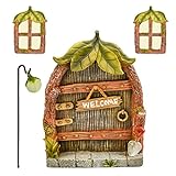 CHENEVER 14cm Harz Miniatur Elfen-Tür Wichteltür Gartendeko, Glühen in Dunklen Leuchten Miniatur Fenster und Tür für Outdoor Bäumedekoration Handwerk (Blätter)
