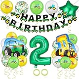 Popuppe Kindergeburtstag Deko, Geburtstagsdeko Jungen 2 Jahre, Kinder Geburtstag Party Dekoration Set Mit Traktor Luftballon,Bagger Luftballon,Happy Birthday Banner