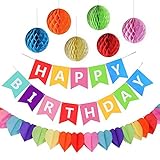Geburtstagsfeier Dekorationen, Happy Birthday Spruchband mit 6 Wabenbällen und einer Regenbogen-Papier-Girlande, Partyzubehör