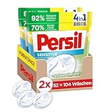 Persil Sensitive 4in1 DISCS Vollwaschmittel (104 Waschladungen), Waschmittel für Allergiker & Babys entfernt hartnäckige Flecken, 92% biologisch abbaubare Inhaltsstoffe²