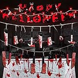 Halloween Deko Horror Set, Blutige Tischdecke(108*180cm) + Halloween Banner Deko + 12 Stück Blutige Messer + Blutiges Werkzeugset(8 Stück) + Scharlachrote Lichterketten für Party und Zimmer Fenster