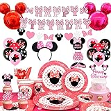 Minnie Maus Motto Geburtstag Party Supplies,Rosa Minnie Mouse Geburtstagsdeko Set-Minnie Mouse Banner Tischdecken Geschirr Tortendeko Ballons ect für Mädchen 1. 2 jahre Geburtstag Party Dekorationen