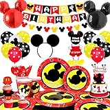 Mickey Maus Motto Geburtstag Party Supplies,131pcs Mickey Mouse Geburtstagsdeko&Partygeschirr Set-Mickey Mouse Deko Banner Ballons Teller Servietten Tischdecke etc Micky Maus Partyzubehör für Kinder